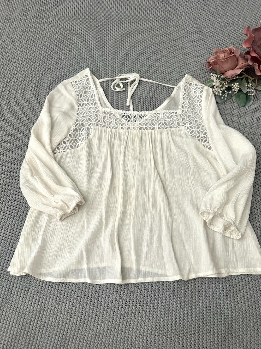 3/$30 Crochet Square Neck Peasant Blouse Neutral Sheer Ruffle Boho Flowy Small